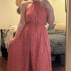 Vici Orange/White Leaf Print Maxi Dress Small Silt Drawstring Waist Keyhole Back